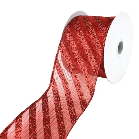Christmas Metallic Stripe and Glitter Candy Cane Wired Ribbon, 2-1/2-Inch, 10-Yard - Red