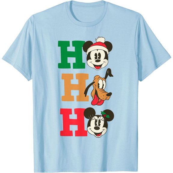 Christmas Mickey Pluto and Minnie Ho Holiday DTG Print Unisex T-Shirt,Light Blue Color,Size M
