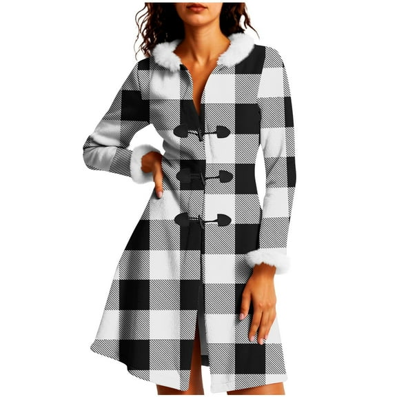 Christmas Mid Length Plaid Winter Coat for Women Plush Cuffs Long Sleeve Crewneck Button Down Cardigan Jacket for Holiday Black M