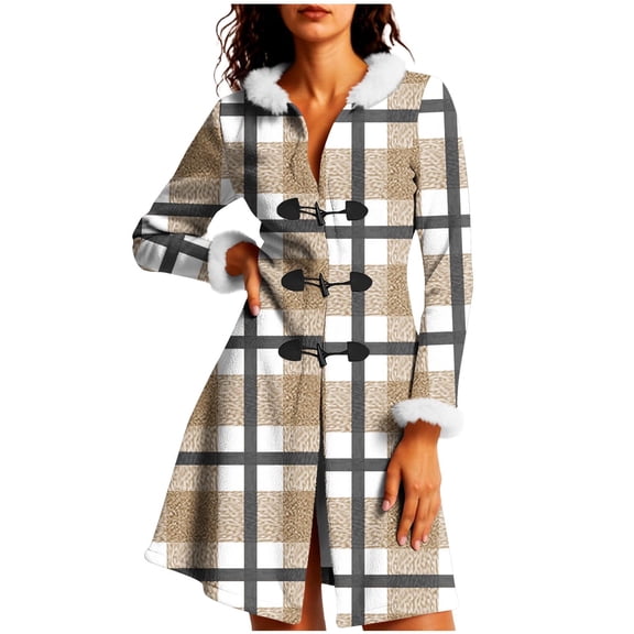 Christmas Mid Length Plaid Winter Coat for Women Plush Cuffs Long Sleeve Crewneck Button Down Cardigan Jacket for Holiday Khaki S