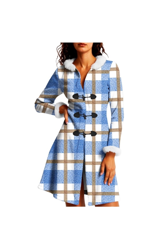 Christmas Mid Length Plaid Winter Coat for Women Plush Cuffs Long Sleeve Crewneck Button Down Cardigan Jacket for Holiday Light Blue S
