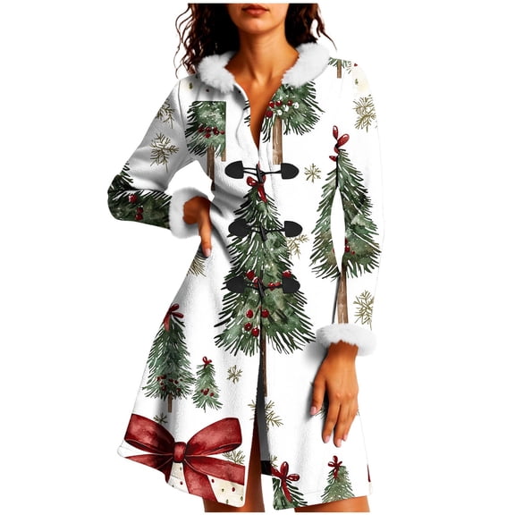 Christmas Mid Length Winter Coat for Women Graphic Long Sleeve Crewneck Button Down Party Print Jacket Green M