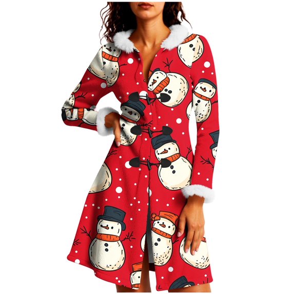 Christmas Mid Length Winter Coat for Women Graphic Long Sleeve Crewneck Button Down Party Print Jacket Red-2 M