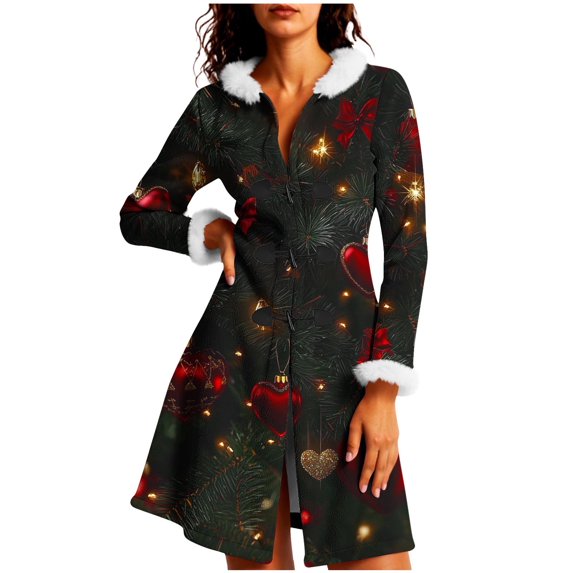 Christmas Mid Length Winter Coat for Women Graphic Long Sleeve Crewneck Button Down Party Print Jacket Red XL