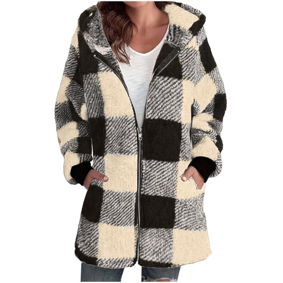 Christmas Mid-length plaid hoodies for women, oversized zippered sweatershirts, warm coat for fall and winter