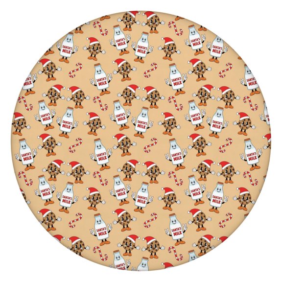 Christmas Milk Cookie Candy Cane Beige Pattern Round Elastic Tablecloth, 45-52 Inch Waterproof, Machine Washable, Indoor & Outdoor Use