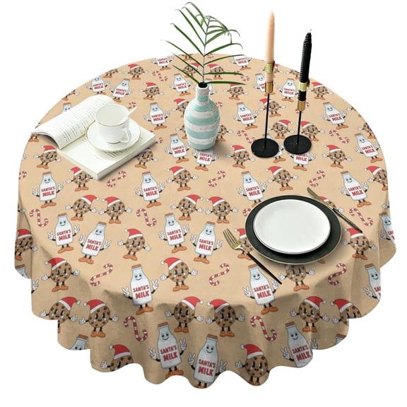 Christmas Milk Cookie Candy Cane Beige Pattern Round Tablecloth, Fits 60-Inch Table, Stain & Wrinkle Resistant, Washable Polyester, Kitchen, Wedding, Party