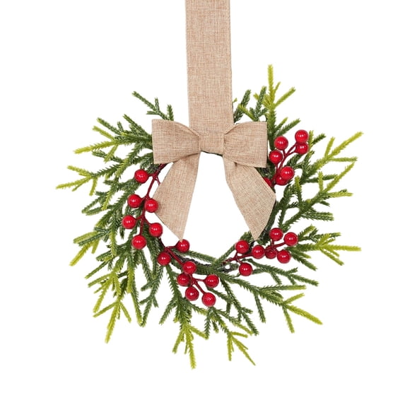 Christmas Mini Cabinet Wreath, 10" Norfolk Pine Wreath with Bow Red Berry for Chair, Artificial Small Kitchen Wreath for Window Front Door Farmhouse Wall Pillars Xmas Decor 1Pc,Khaki Bow