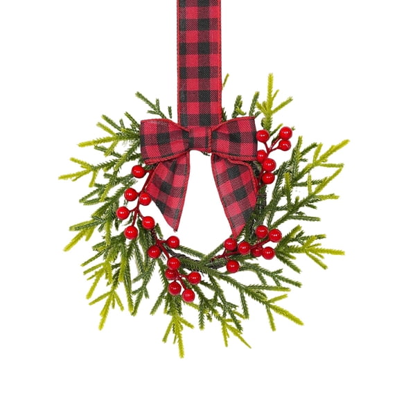 Christmas Mini Cabinet Wreath, 10" Norfolk Pine Wreath with Bow Red Berry for Chair, Artificial Small Kitchen Wreath for Window Front Door Farmhouse Wall Pillars Xmas Decor 1Pc,Red Black Plaid
