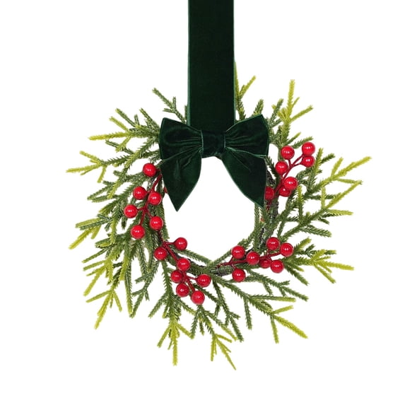 Christmas Mini Cabinet Wreath, 10" Norfolk Pine Wreath with Bow Red Berry for Chair, Artificial Small Kitchen Wreath for Window Front Door Farmhouse Wall Pillars Xmas Decor 1Pc,Green Bow