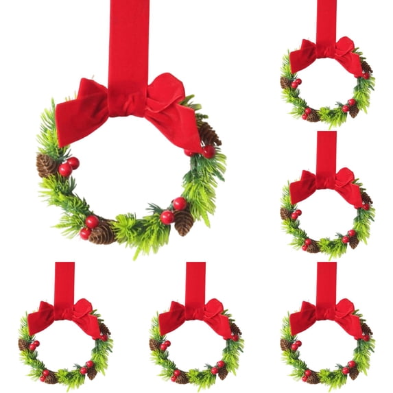 Christmas Mini Cabinet Wreath, 5 Pack 8.66 Inch Artificial Small Wreath with Red Bow, Berries & Pinecones, Farmhouse Hanging Decor for Kitchen Cabinet, Window, Door, Xmas Party