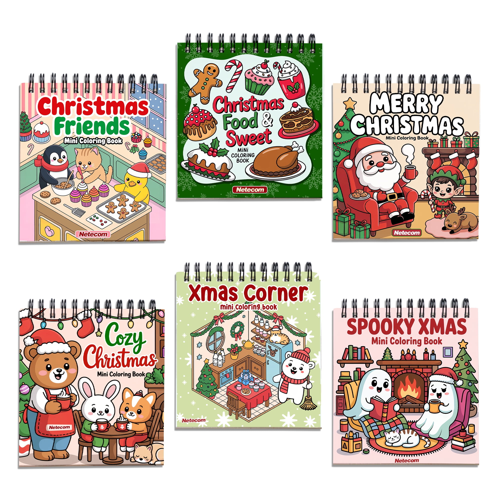 Christmas Mini Coloring Book Spiral Bound for Adult, Pack 6, 3.5” x 3.5” Pocket Size, 40 Coloring Pages Stress & Anxiety Relief, Travel for Women Men