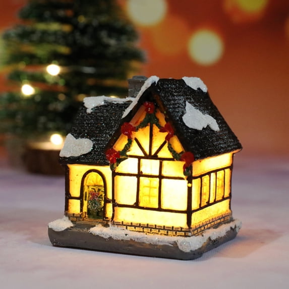 Christmas Mini Cottage LED Holiday Light Figurines Resin Lighted Indoor Decor Houses Village Cottage Christmas Festive Miniature Resin Ornament for Table Top Decoration