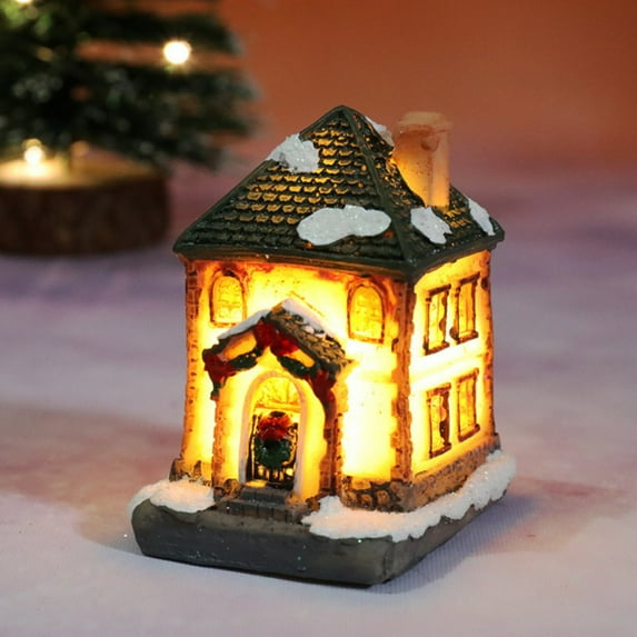 Christmas Mini Cottage LED Holiday Light Figurines Resin Lighted Indoor Decor Houses Village Cottage Christmas Festive Miniature Resin Ornament for Table Top Decoration
