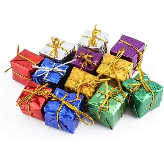 Christmas Mini Gifts Box Ornaments,12Pcs Metallic Foil Wrapped Decoration Gift Boxes Miniature Christmas Tree Hanging Decoration (Random Color)