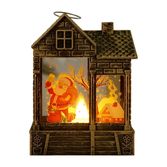 Christmas Mini Lantern Decoration – Battery-Powered LED Light with Vintage Santa & Snowman Scene – Hanging Flame Effect Lamp for Tree, Home & Party Decor