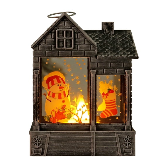 Christmas Mini Lantern Decoration – Battery-Powered LED Light with Vintage Santa & Snowman Scene – Hanging Flame Effect Lamp for Tree, Home & Party Decor