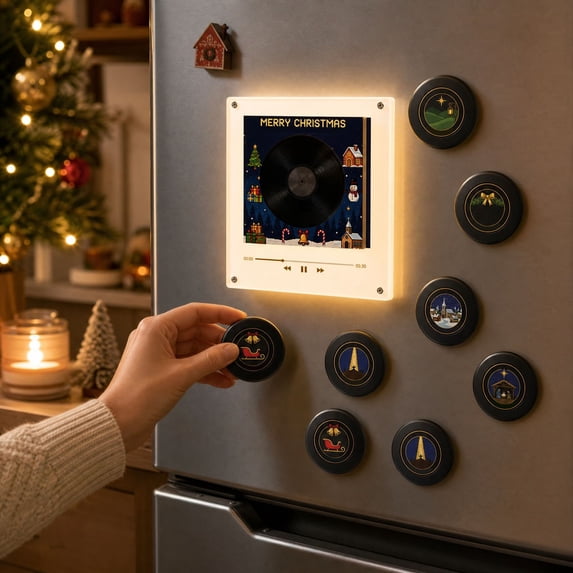 Christmas Mini Magnetic Vinyl Music Player Set with 9 NFC Discs and USB C, Vintage Vinyl Record Storage Music Magnets for Refrigerator, Sensing Music Box with Led Warm Light for Home Office