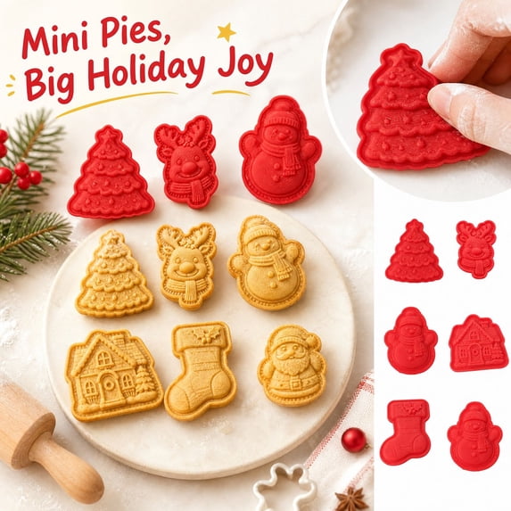 Christmas Mini Pie Mold, 3D Embossed Holiday Pastry Press Cutter with Festive Shapes, Reusable Baking Tool for Xmas Party Dessert, 6 Styles (Christmas tree)