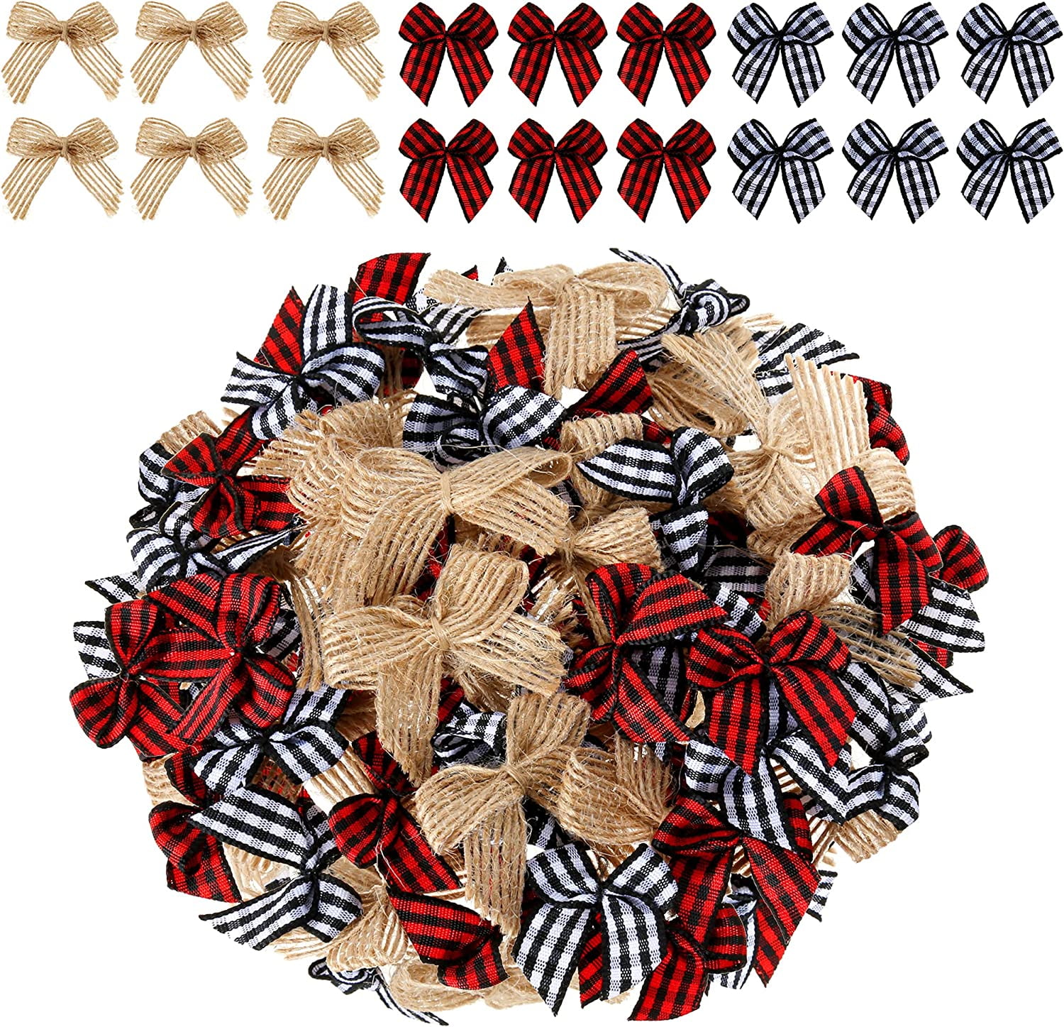 150 Pcs Christmas Mini Plaid Ribbon Bows - 1 Inch Buffalo Plaid Bows For Gift Wrapping, Tree Decor & DIY Crafts