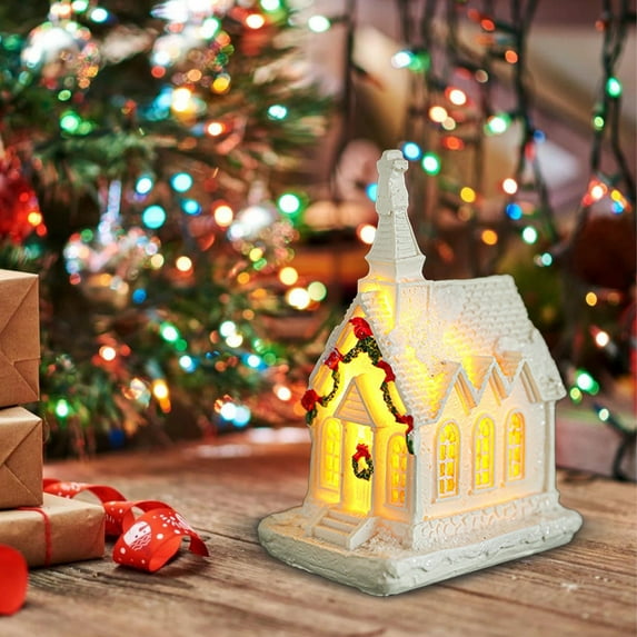 Christmas Mini Snow House 2025 - LED Lighted Winter Village Cottage with Resin Figurine for Xmas Scene Desktop Decoration, Tiny Ornament