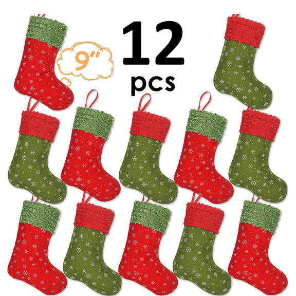 Christmas Mini Stockings, 12 Pcs 9 inches Felt with Snowflake Printed, Gift Card Silverware Holders, Bulk Treats for Neighbors Coworkers Kids, Small Rustic Red Xmas Tree Decorations Set