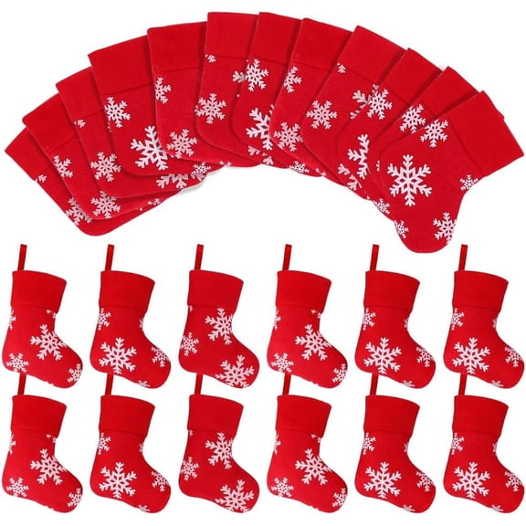 Christmas Mini Stockings, 24 Pcs 9 inches Plush with Snowflake Printed, Gift Card Bags Holders, Bulk Treats for Neighbors Coworkers Kids Cats Dogs, Small Rustic Red Xmas Tree Decorations Set