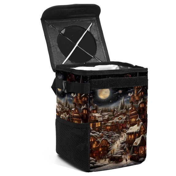 Christmas Mini Trash Can for Car: Foldable with Lid, Leak-Proof and Hanging Storage Bag