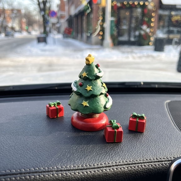 Christmas Mini Tree Car Dashboard Ornament Resin Xmas Figurine Gift Box For Car Interior Home Tabletop Holiday Decoration Party Decor Cute Auto Car Office Desk