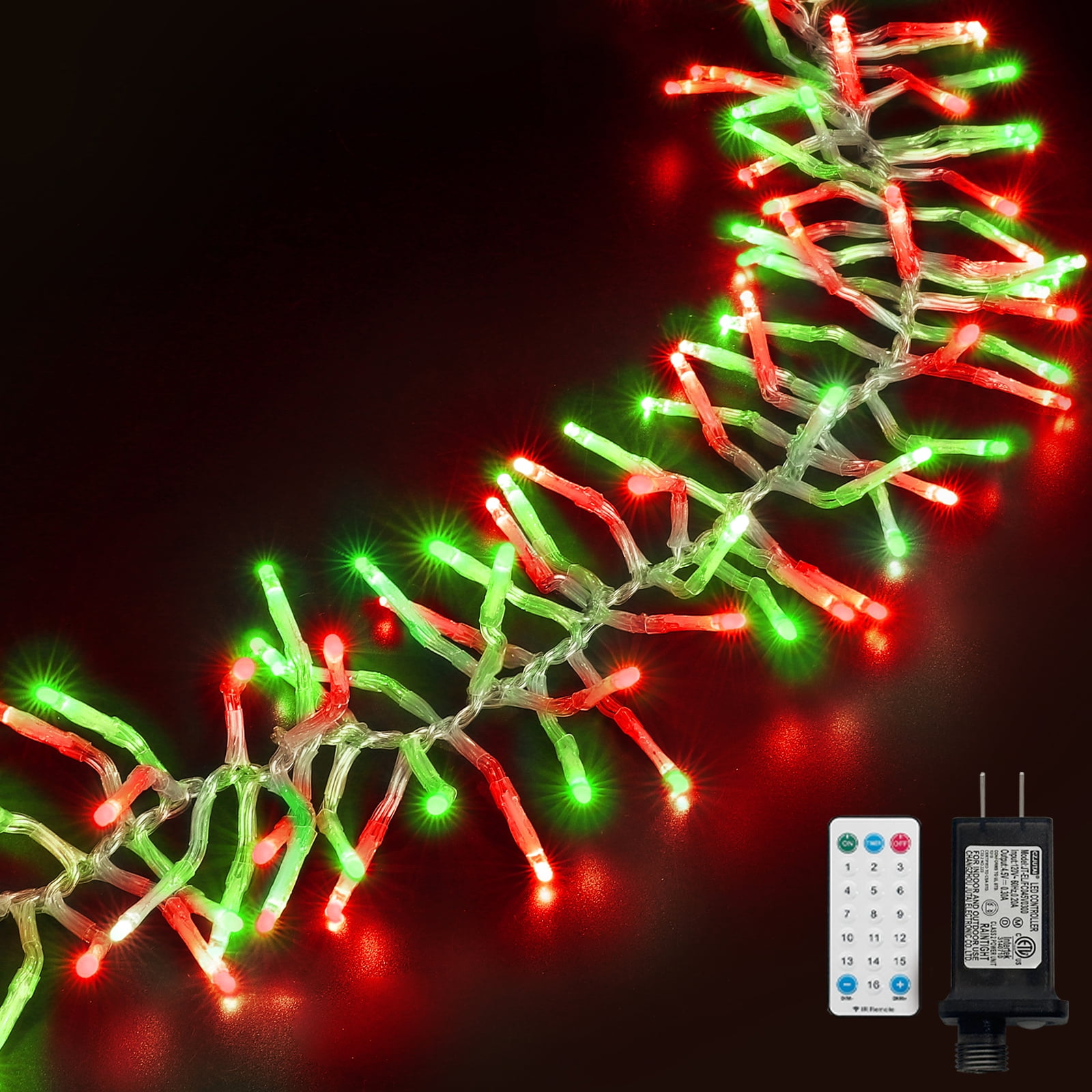 Christmas Mini Tree Lights Outdoor Cluster Light, 1000 LED Firecrackers String, 16 Modes Timer Remote Waterproof Plug in Twinkle Fairy Lights for Garland Window Party（Red and Green）