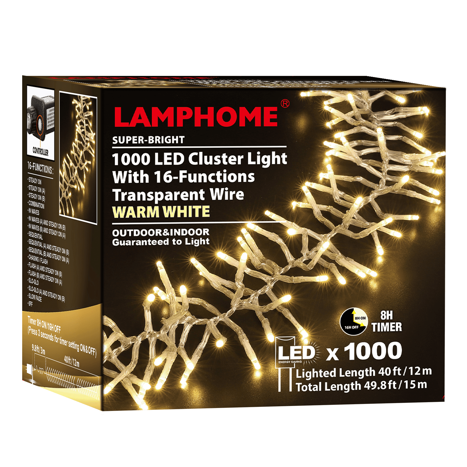 Christmas Mini Tree Lights Outdoor Cluster Light, 1000 LED Firecrackers String, 16 Modes Timer Remote Waterproof Plug in Twinkle Fairy Lights for Garland Window Party（Warm White）