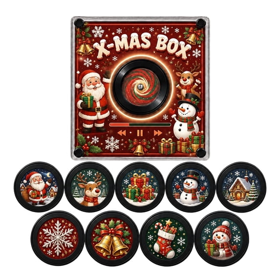 Christmas Mini Vinyl Player Fridge Record NFC Magnetic Music Box Set,Refrigerator Vintage Vinyl Record Storage with Led Warm Light and 9 PCS Discs , Aesthetic Desk Christmas Decor Gift