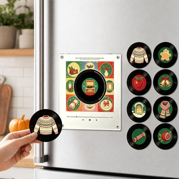 Christmas Mini Record Music Player with 9 NFC Fridge Records, Customisable Retro Music Box Decor, Festive Holiday Mood Switcher with Charging Cable, Ideal Xmas Gift for Music Lovers