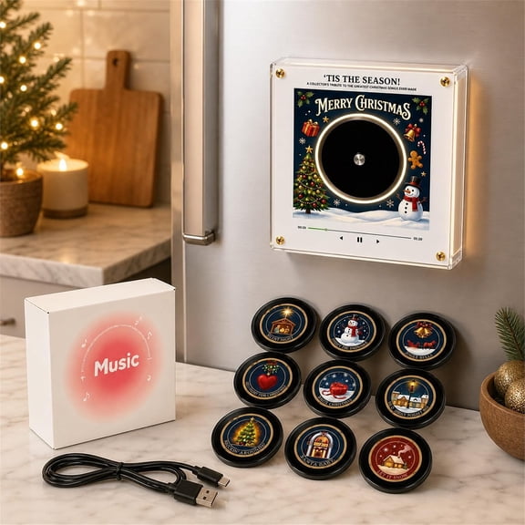 Christmas Mini Vinyl Record Player Magnet, Music Magnets for Refrigerator | Jingle Vinyl Player Fridge, 128MB Magnetic Music Box with 9 Programmable Playback and Lights, Aesthetic Desk Decor Gift