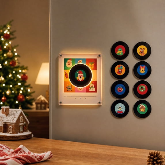 Christmas Mini Vinyl Record Player, Magnetic Fridge Music Box Set, Customizable NFC Vinyl Discs, Vinyl Record Display Storage Christmas Decor Gift for Music Enthusiasts and Vinyl Collectors
