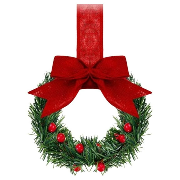 Christmas Mini Window Wreath with Bow and Red Berries, Farmhouse Kitchen Door Decoration, Farmhouse Rustic Bow Wreath Garland Norfolk Pine for Christmas Party Decoration