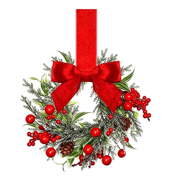 Christmas Mini Wreath Ornament with Red Bow and Berries, Artificial Pinecone Holly Hanging Wreath with Ribbon, Xmas Door Wall Cabinet Decoration
