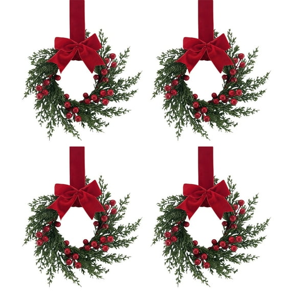 Christmas Mini Wreaths, Set of 4 Small Artificial Pine Cabinet Rings with Bows and Berries, Holiday Door and Window Decor, Hanging Indoor Outdoor Decorations