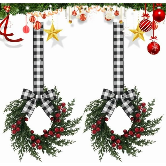 Christmas Mini Wreaths, Set of 2 Small Artificial Cabinet Rings with Bows and Berries, Holiday Door Window Decor, Hanging Indoor Outdoor Decorations