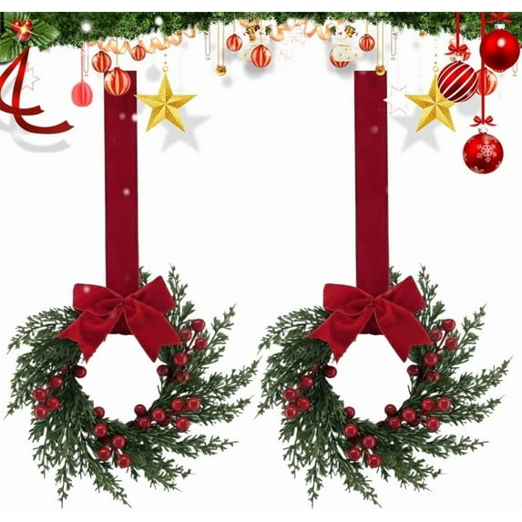 Christmas Mini Wreaths, Set of 2 Small Artificial Cabinet Rings with Bows and Berries, Holiday Door Window Decor, Hanging Indoor Outdoor Decorations