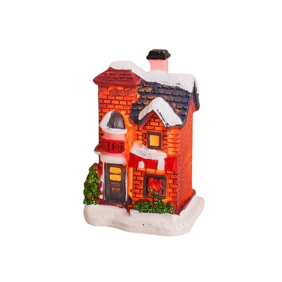 Christmas Miniature Brick House Tabletop Decoration, Snow-Covered Painted Resin Holiday Village Decor with Warm Orange Window Glow