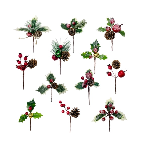 Christmas Miniature Decorative Picks Pine Cones Red Berries Holly Bells Floral Stems Craft Garland DIY Ornaments Holiday Home Accent Decor 12 Pcs