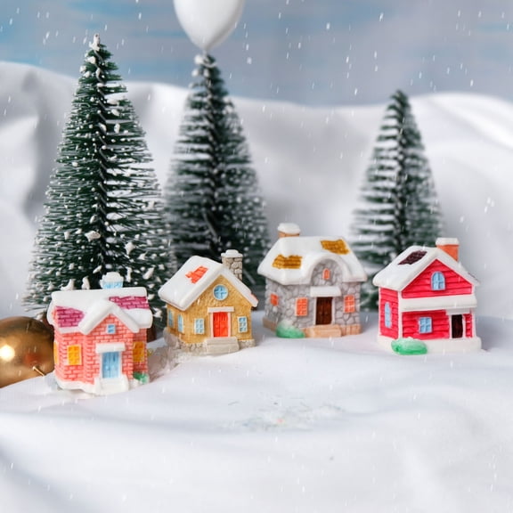 Christmas Miniature House Figurine, Resin Snow Village Statue, Tiny House Ornament for Fairy Garden, Moss Landscape, Potted Plant Decor