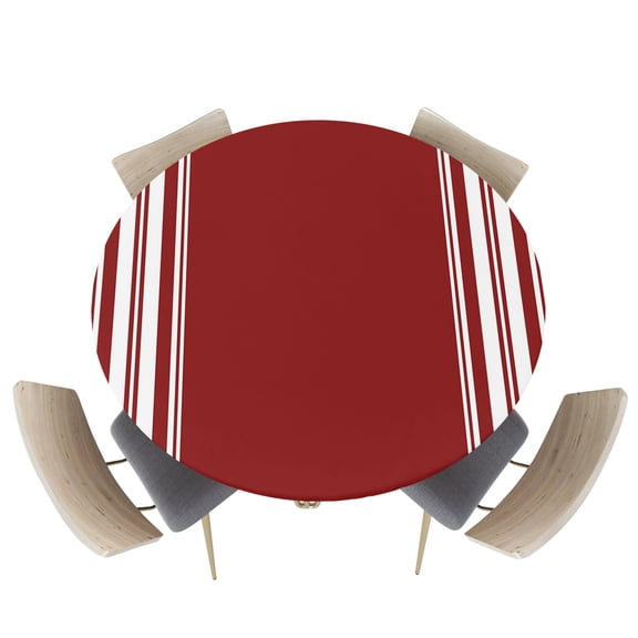 Christmas Minimalist Dark Maroon Fitted Round Tablecloths Elastic Edged Table Covers 45"-54",Red White Stripe Lines Waterproof Dining Room Table Cloth for Kitchen Holiday Party Tables Decor