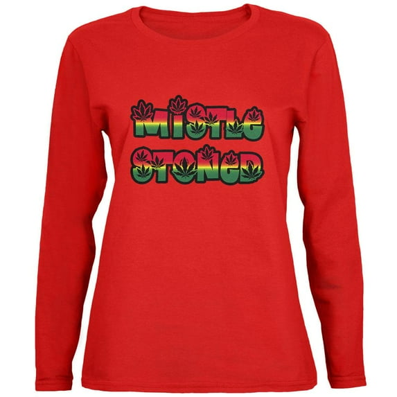 Christmas Mistlestoned Mistletoe Womens Long Sleeve T Shirt Red MD