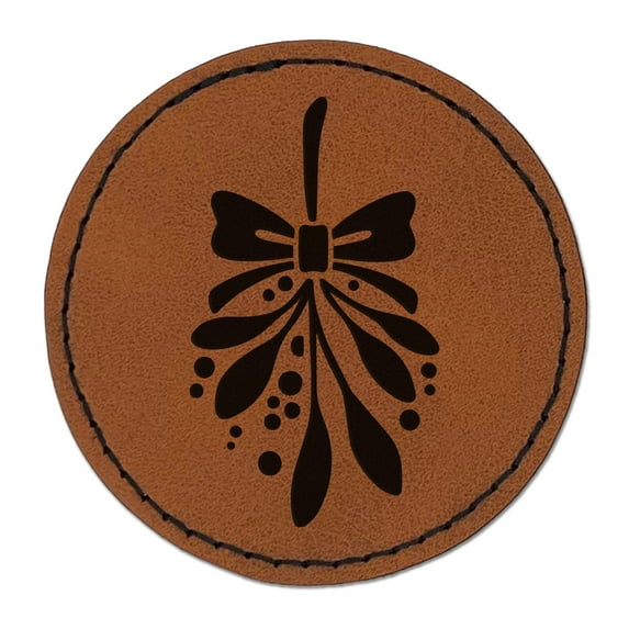 Christmas Mistletoe 2.5" Faux Leather Round Engraved Iron-On Patch - Brown