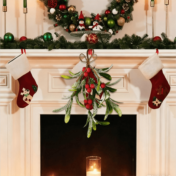 Christmas Mistletoe Decor, Artificial Mistletoe Hanging Ornament with Glitter, Holiday Tree and Door Decoration, Reusable Christmas Accessory 3#
