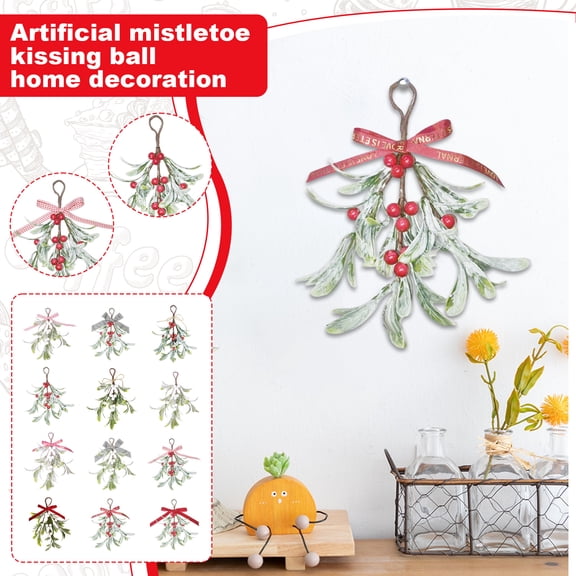 Christmas Mistletoe Decoration, 1 Pcs Artificial Mistletoe Decor Mistletoe Hanging Decor Ornament Glitter Christmas Tree Accessories Artificial Leaf Hanging Decoration for Tree Door Wreath , 9" A