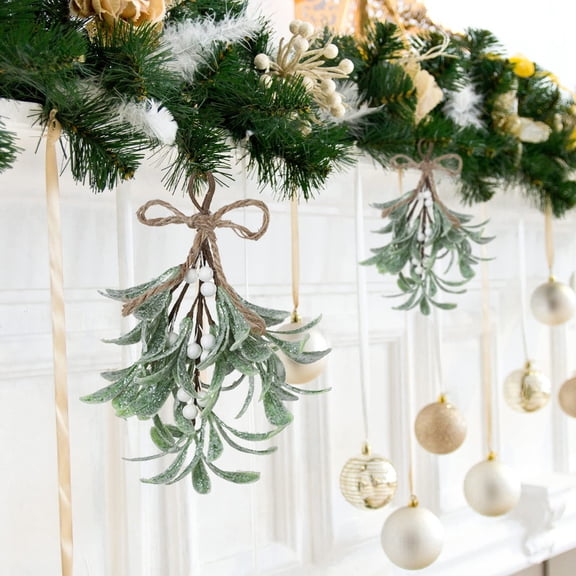 Christmas Mistletoe Decorations: Artificial Green Christmas Mistletoe, Artificial Mistletoe Hanging Bouquet with Ribbon, Christmas Artificial Hanging Mistletoe, Glitter Mistletoe for Hanging