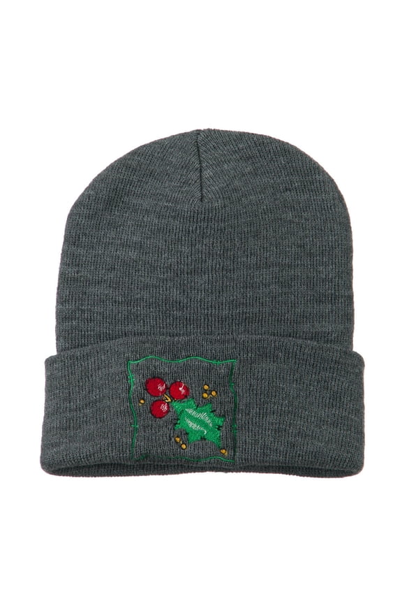 Christmas Mistletoe with Frame Embroidered Beanie - Grey OSFM